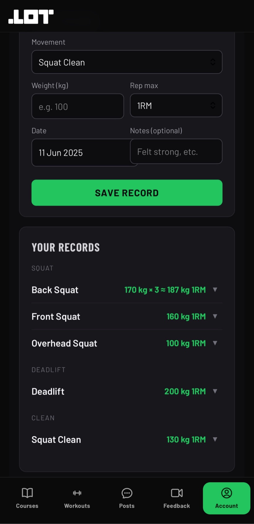Personal Records & 1RM Calculator in the LOT Training app