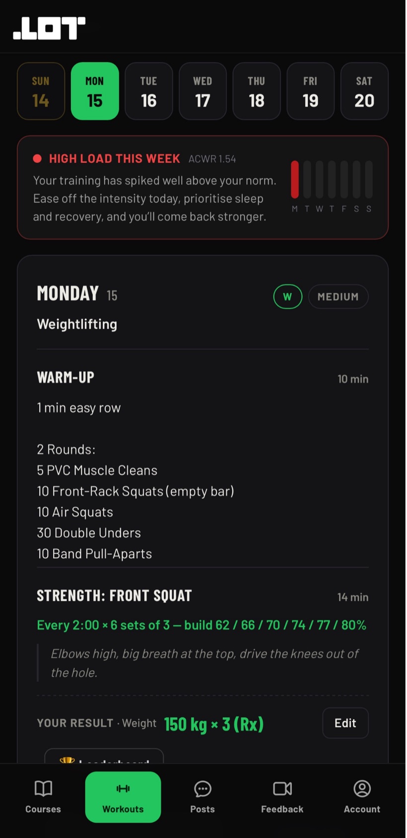 Daily Workouts in the LOT Training app